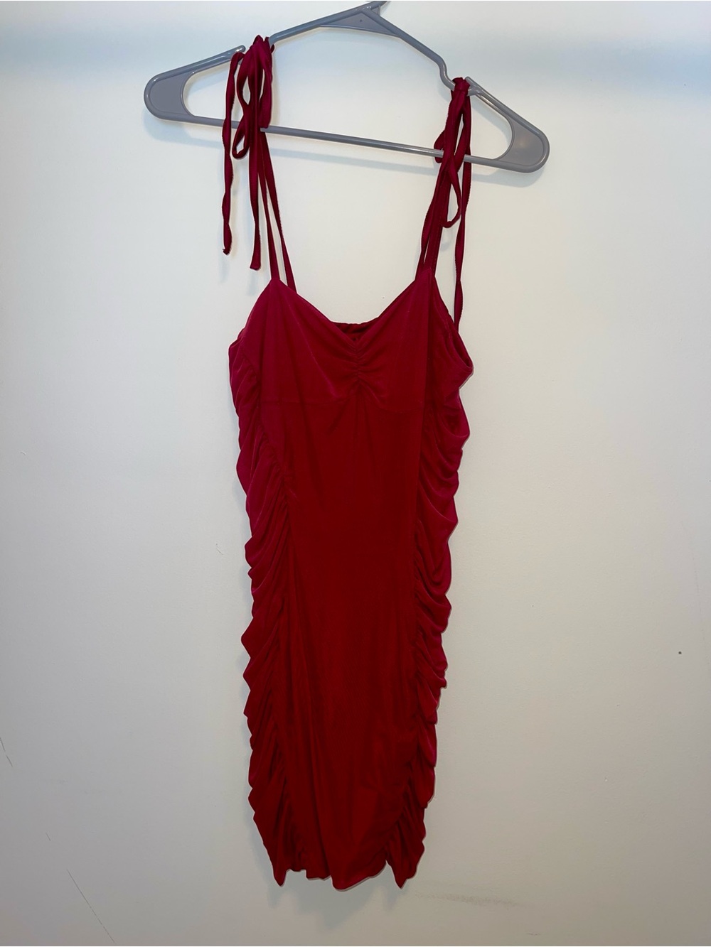 Tie-Shoulder Ruched Mini Dress in Deep Red